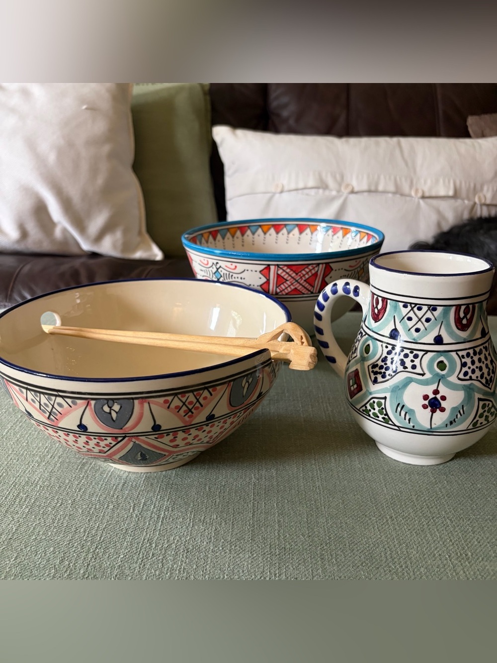 Handcrafted Le Souk Ceramique Mug, Bowl & Serghini Bowl w/Hand Carved Chopsticks